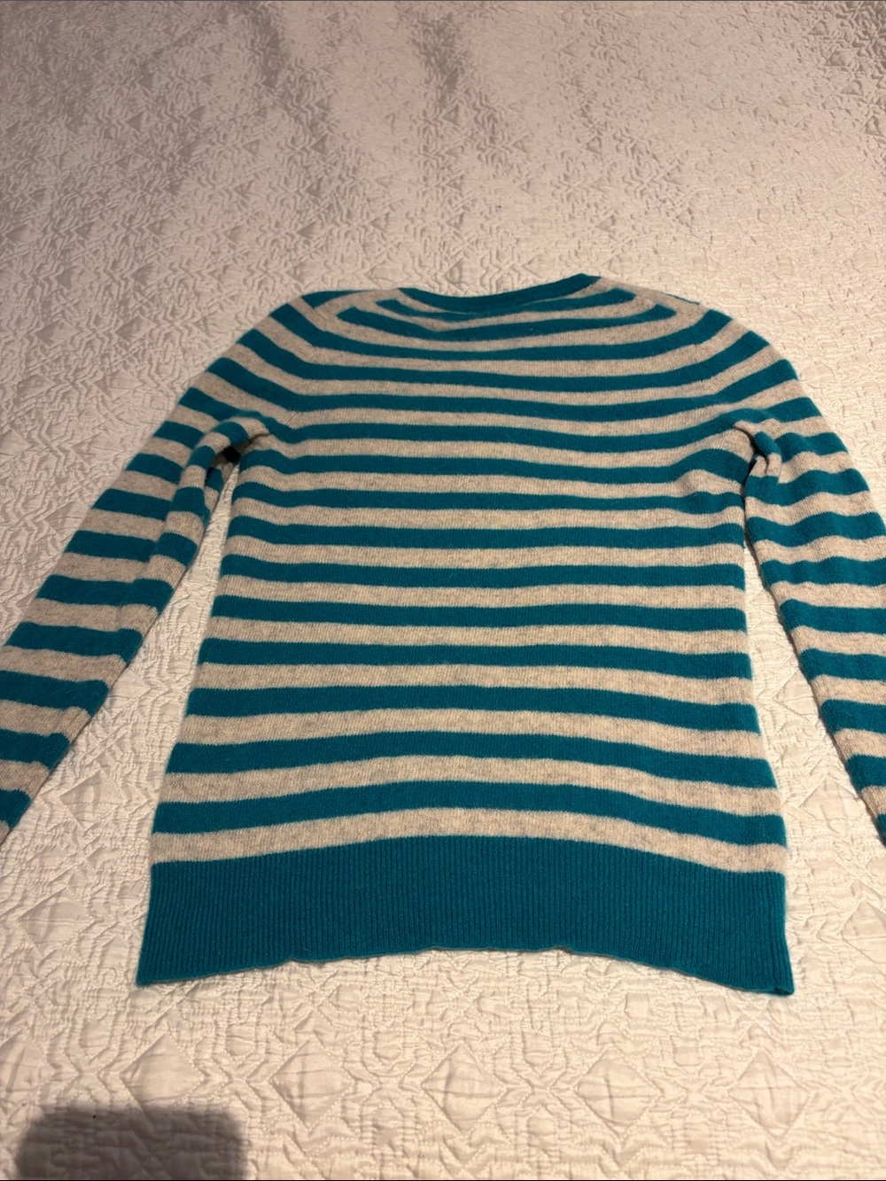 Lord & Taylor Teal and Grey Cashmere Striped Crewneck Sweater - Picture 3 of 5